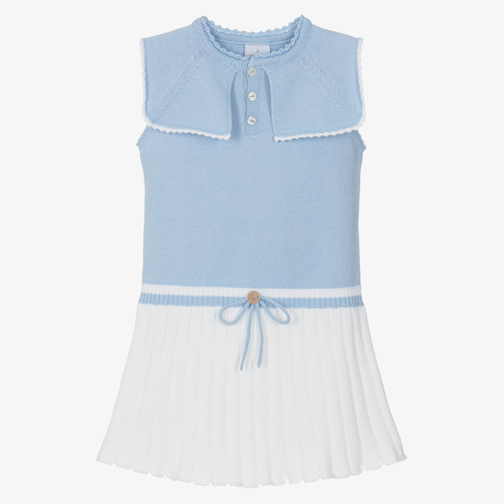 Artesanía Granlei-Girls Pale Blue & White Knit Dress with Sailor Style Collar | Childrensalon