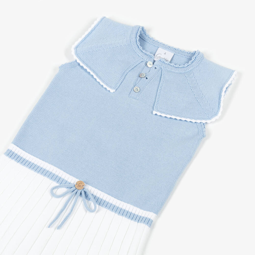 Artesanía Granlei-Girls Pale Blue & White Knit Dress with Sailor Style Collar | Childrensalon