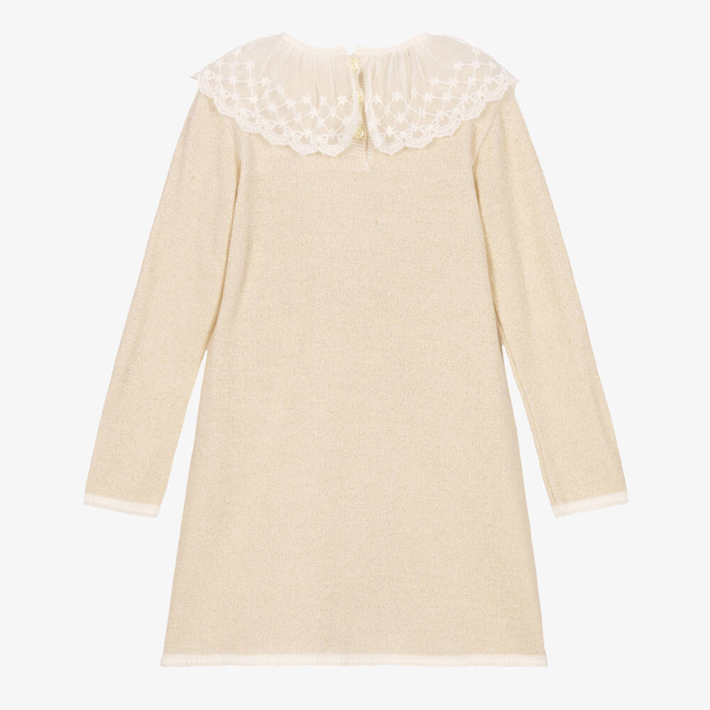 Artesanía Granlei-Girls Pale Gold Knitted Dress with Lace Collar | Childrensalon