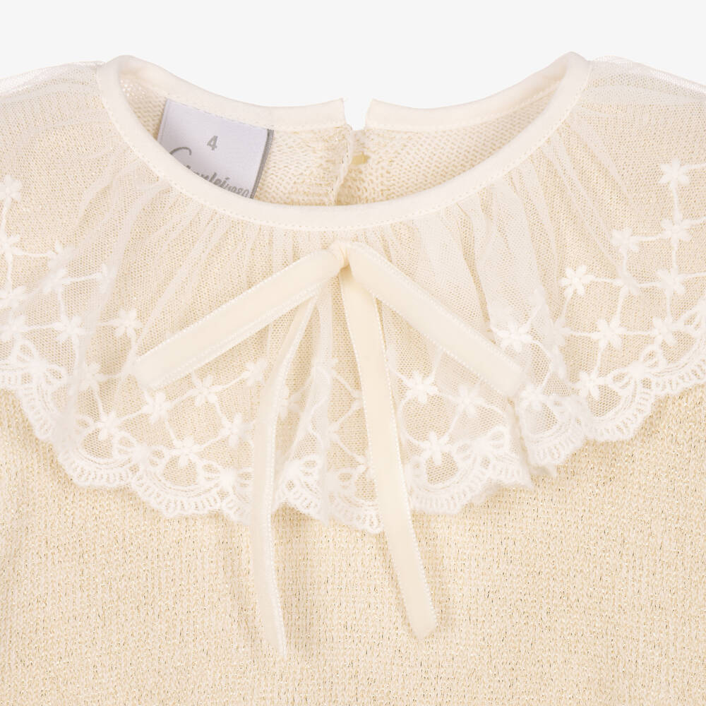 Artesanía Granlei-Girls Pale Gold Knitted Dress with Lace Collar | Childrensalon