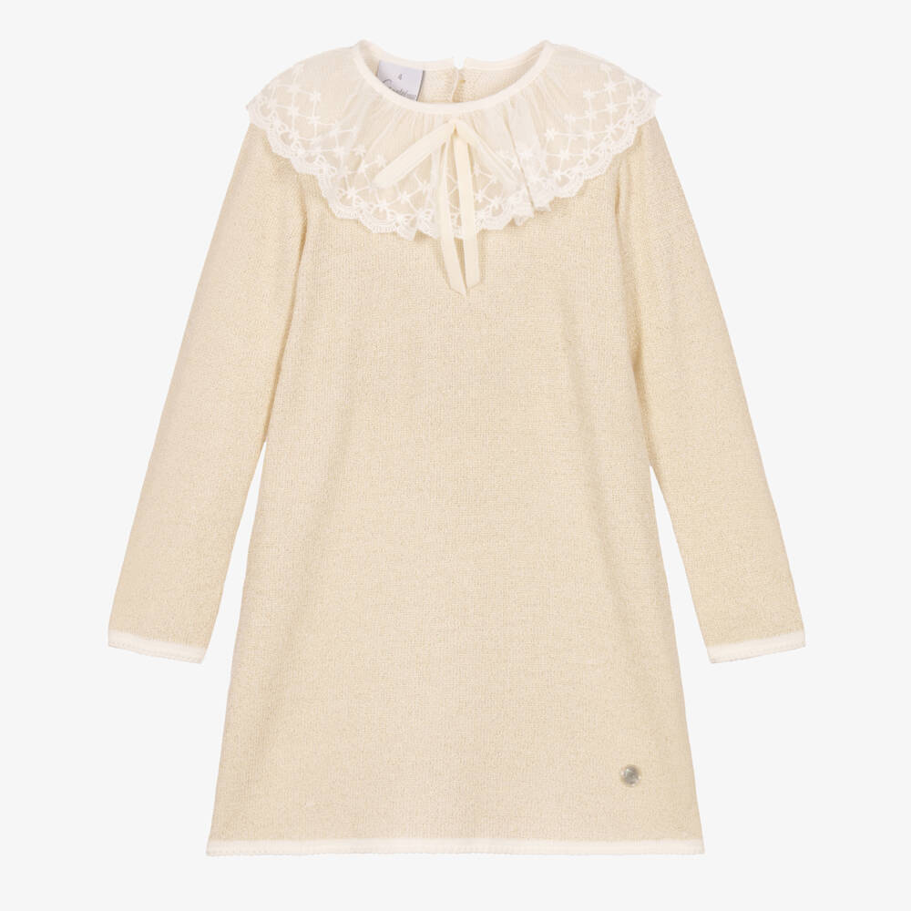 Artesanía Granlei-Girls Pale Gold Knitted Dress with Lace Collar | Childrensalon