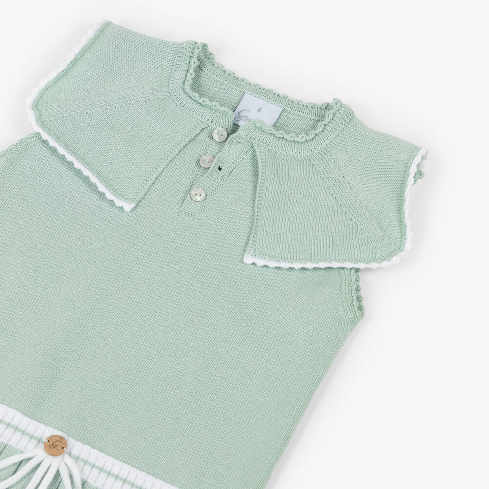 Artesanía Granlei-Girls Pale Green Knit Dress with Sailor Style Collar | Childrensalon