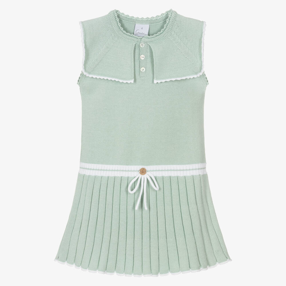 Artesanía Granlei-Girls Pale Green Knit Dress with Sailor Style Collar | Childrensalon