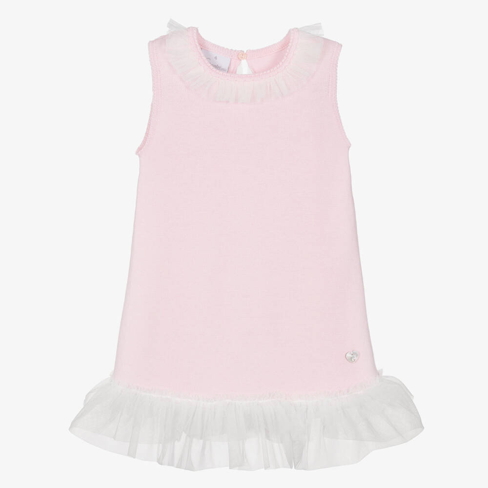 Artesanía Granlei-Girls Pale Pink Knit Dress with Tulle Trims | Childrensalon