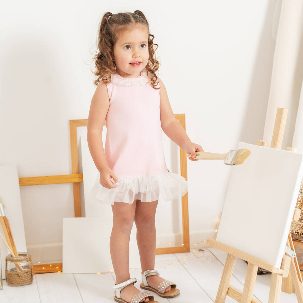 Artesanía Granlei-Girls Pale Pink Knit Dress with Tulle Trims | Childrensalon
