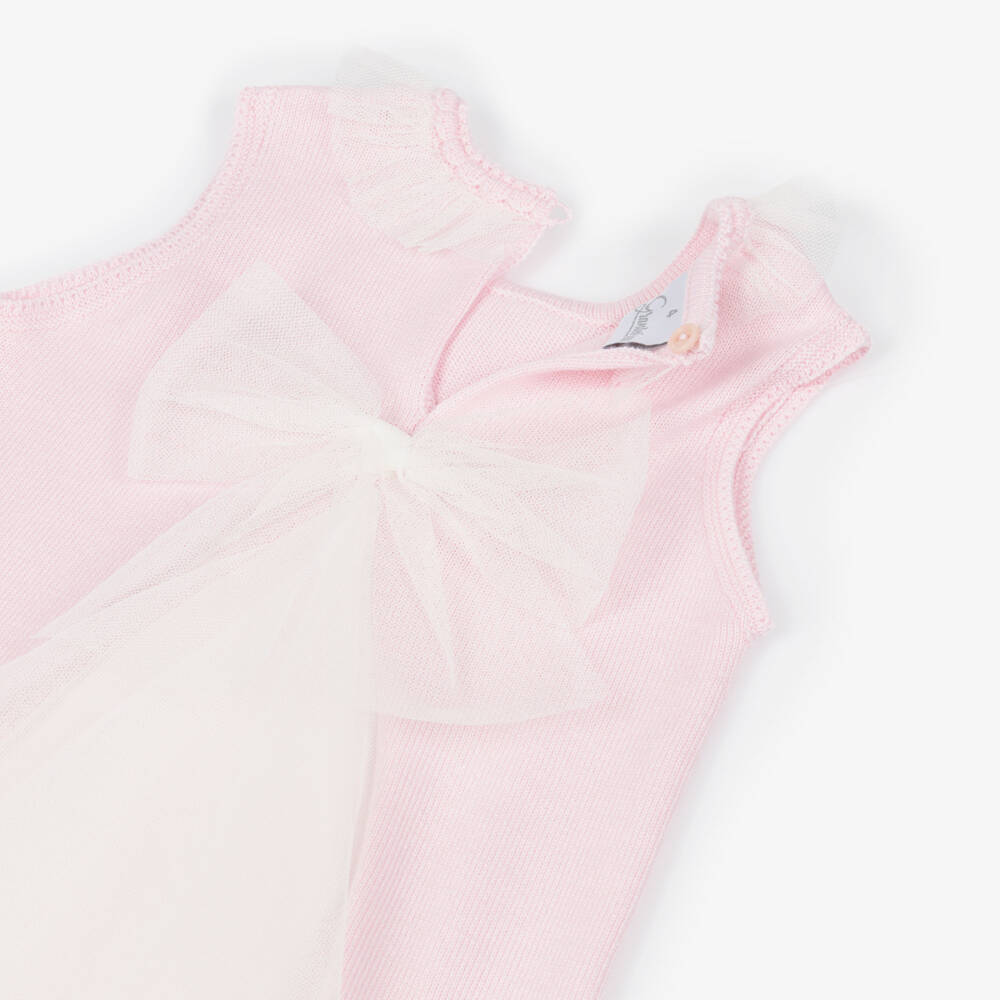 Artesanía Granlei-Girls Pale Pink Knit Dress with Tulle Trims | Childrensalon