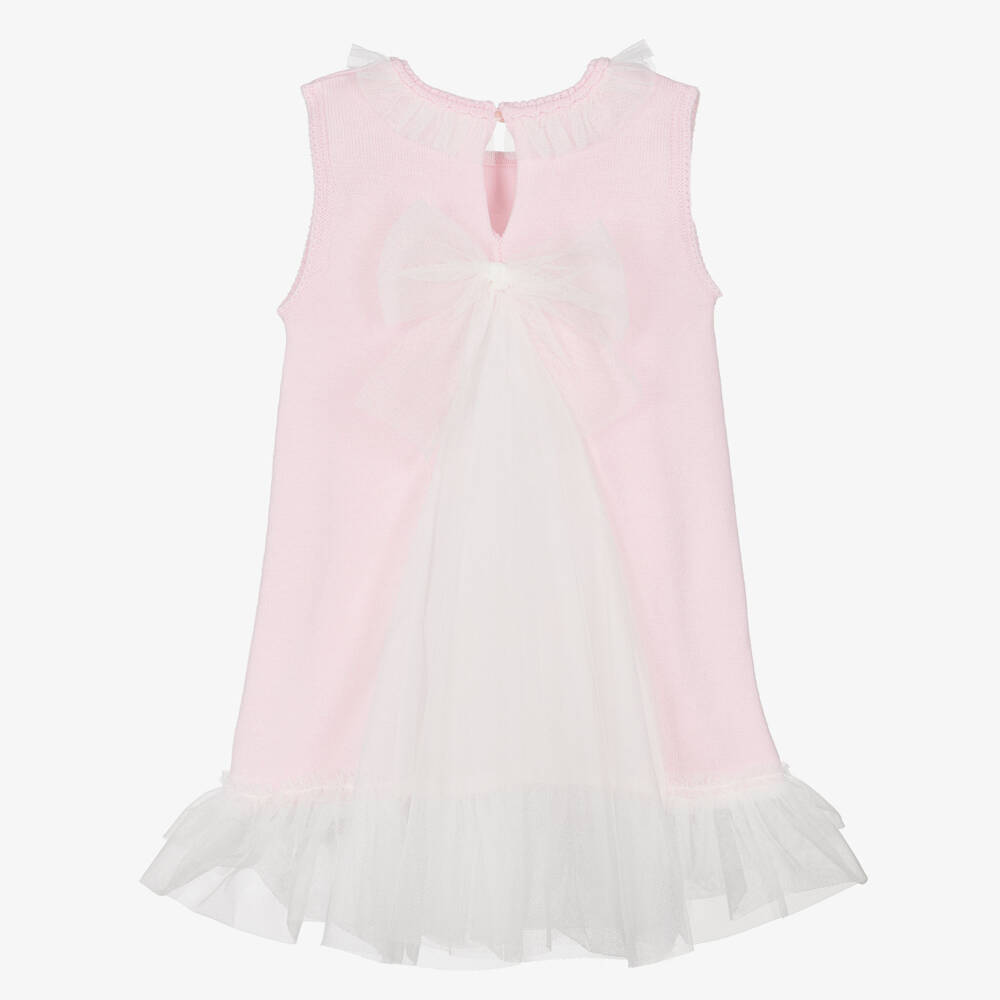 Artesanía Granlei-Girls Pale Pink Knit Dress with Tulle Trims | Childrensalon