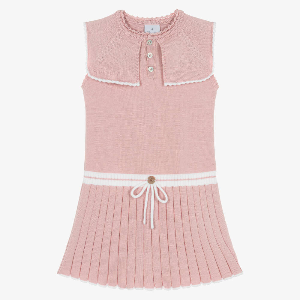 Artesanía Granlei-Girls Pale Pink & White Knit Dress with Sailor Style Collar | Childrensalon