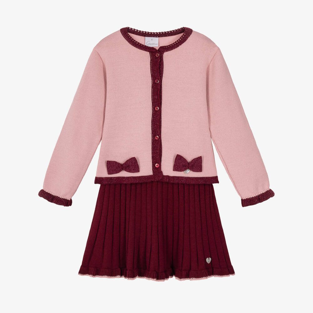 Artesanía Granlei-Girls Pink & Burgundy Knitted Skirt Set with Bows | Childrensalon
