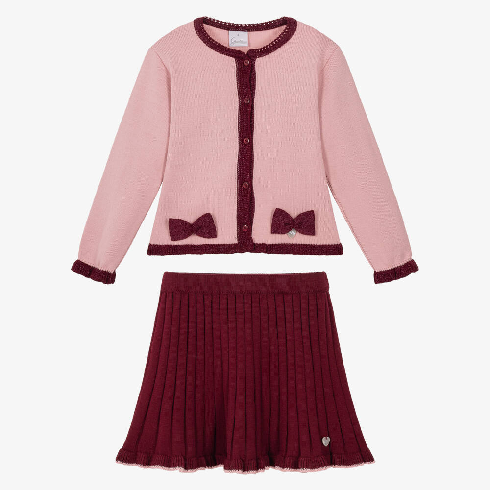 Artesanía Granlei-Girls Pink & Burgundy Knitted Skirt Set with Bows | Childrensalon