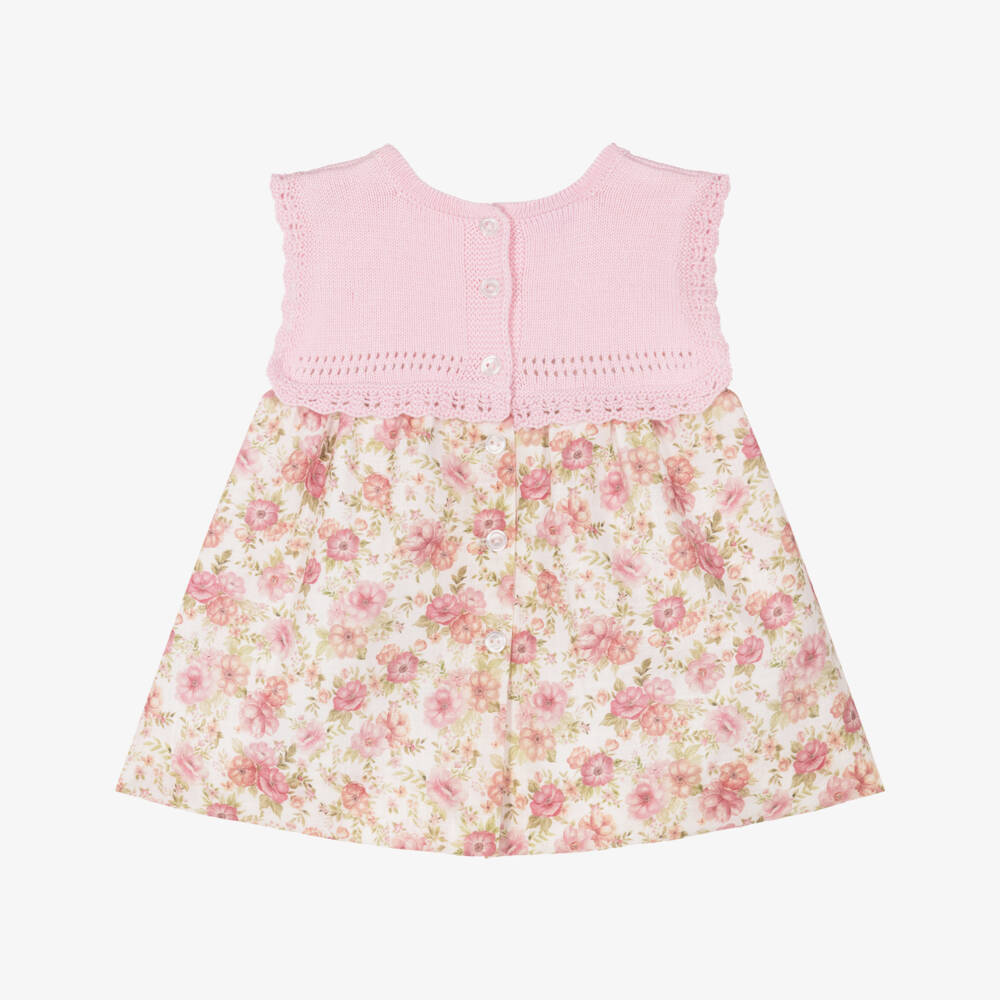 Artesanía Granlei-Girls Pink & Green Floral Dress with Knitted Bodice | Childrensalon