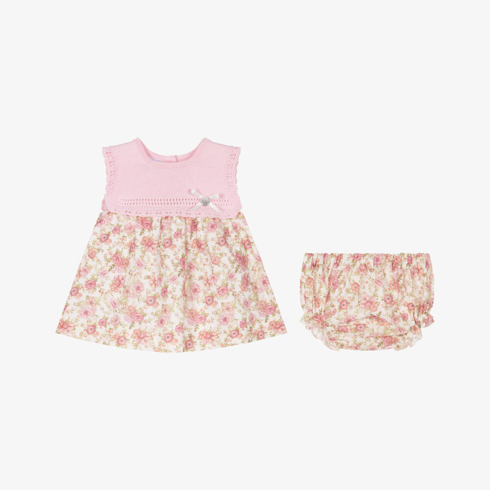 Artesanía Granlei-Girls Pink & Green Floral Dress with Knitted Bodice | Childrensalon