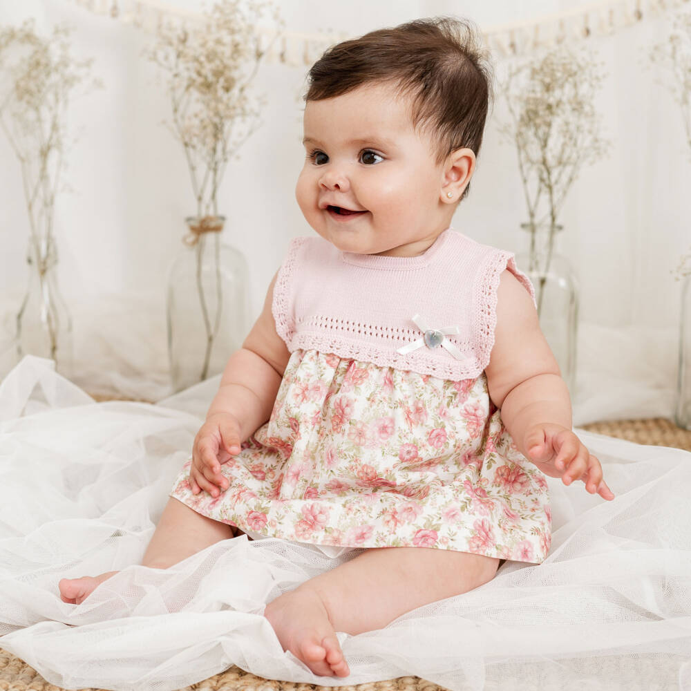 Artesanía Granlei-Платье розовое с зелеными цветами и вязаным лифом для девочек | Childrensalon