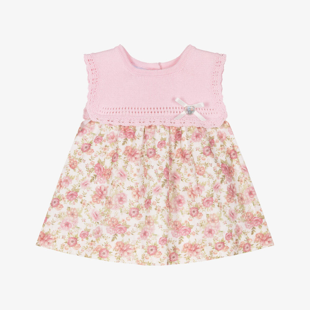 Artesanía Granlei-Girls Pink & Green Floral Dress with Knitted Bodice | Childrensalon