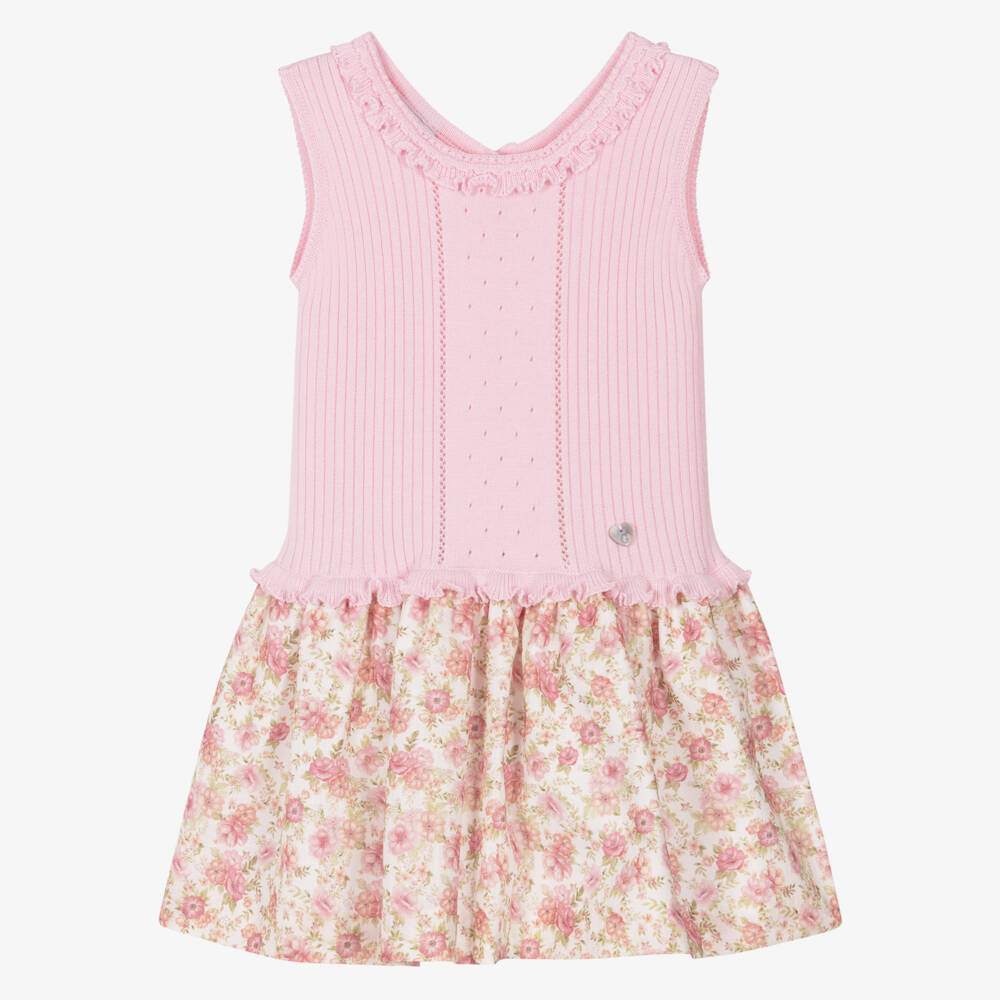 Artesanía Granlei-Girls Pink Knit & Floral Print Dress | Childrensalon