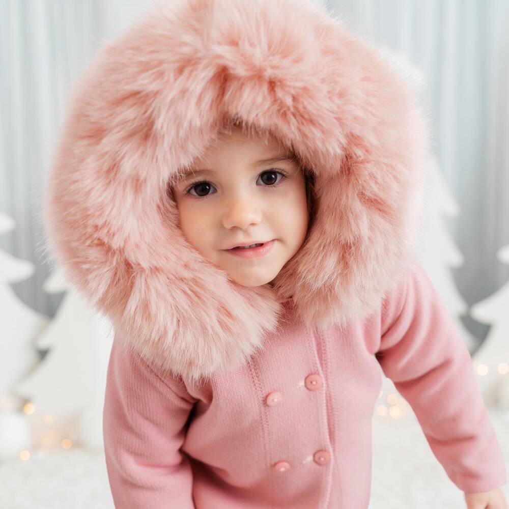 Artesanía Granlei-Girls Pink Knit Hooded Coat with Faux Fur Trim | Childrensalon