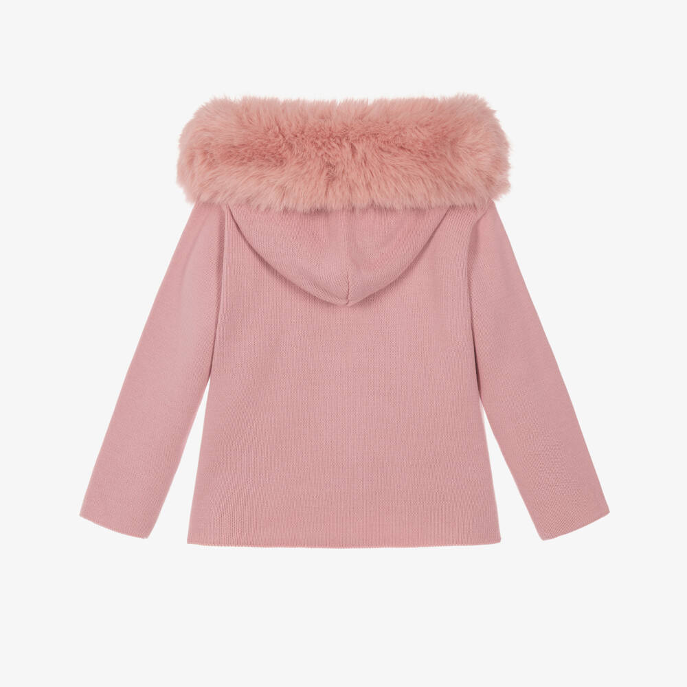 Artesanía Granlei-Girls Pink Knit Hooded Coat with Faux Fur Trim | Childrensalon