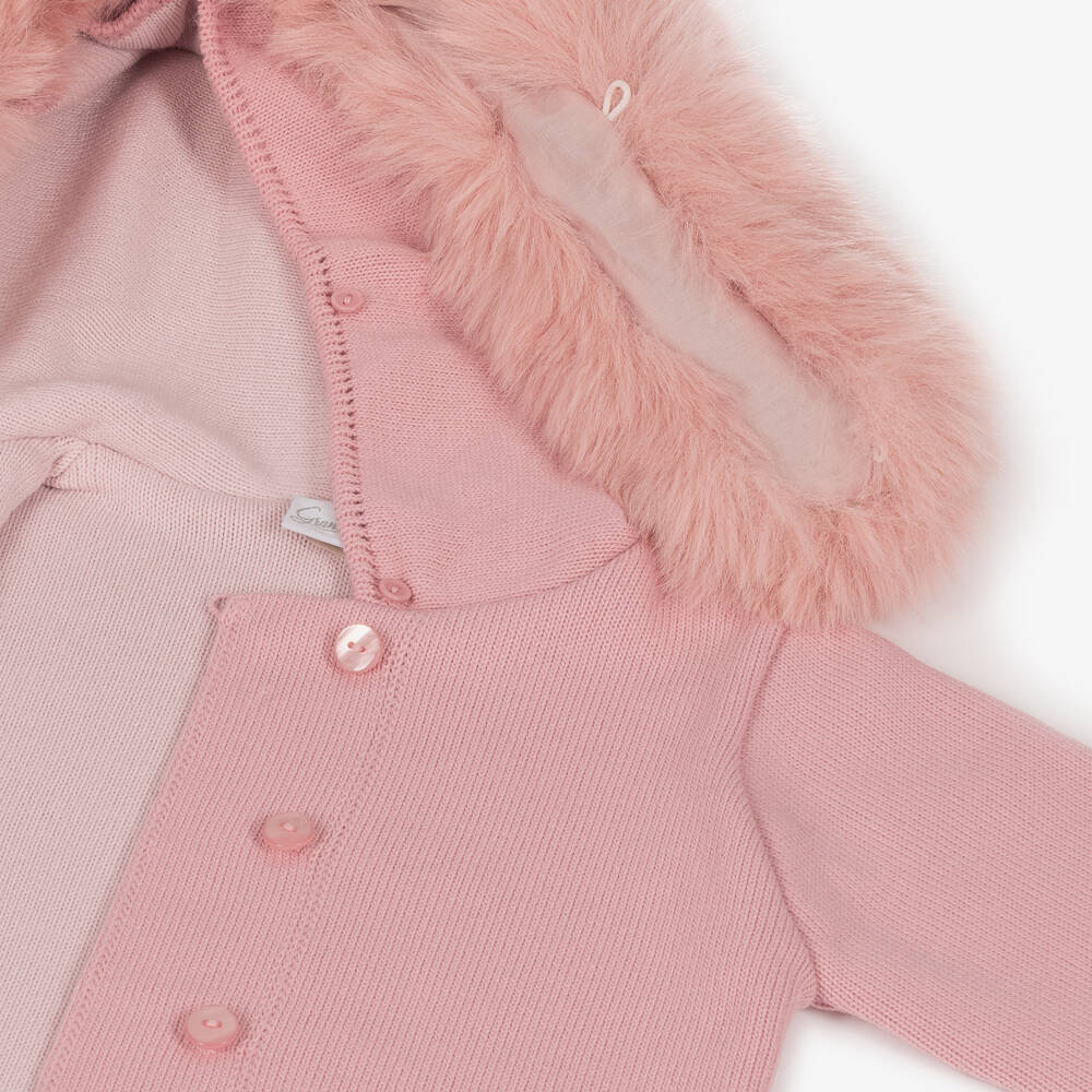 Artesanía Granlei-Girls Pink Knit Hooded Coat with Faux Fur Trim | Childrensalon
