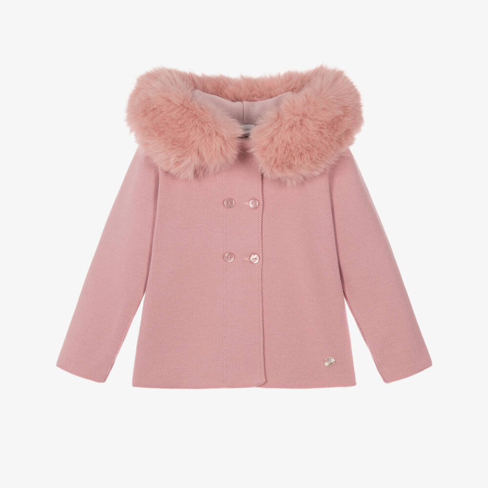 Artesanía Granlei-Girls Pink Knit Hooded Coat with Faux Fur Trim | Childrensalon