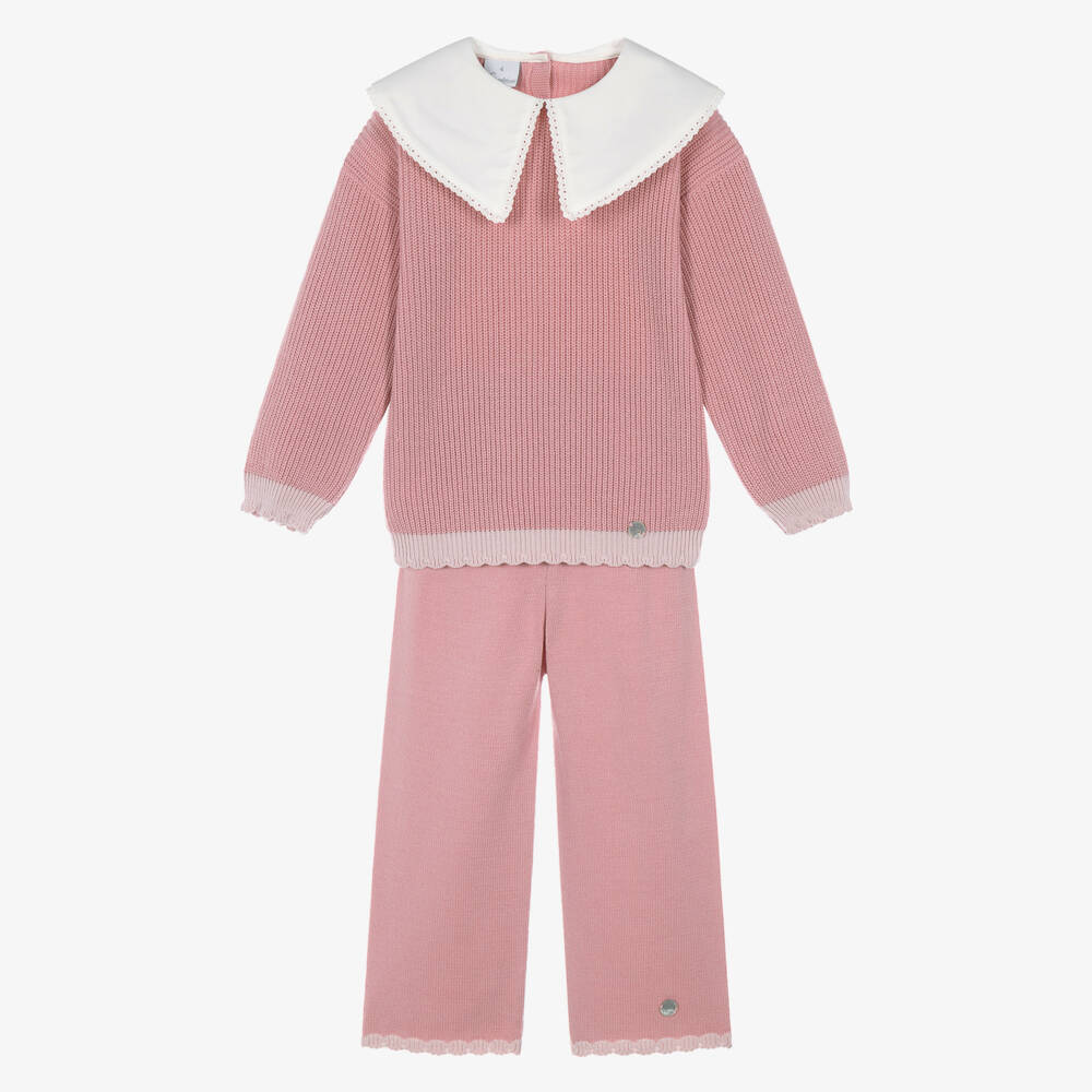 Artesanía Granlei-Girls Pink Knit Trouser Set with White Woven Collar | Childrensalon