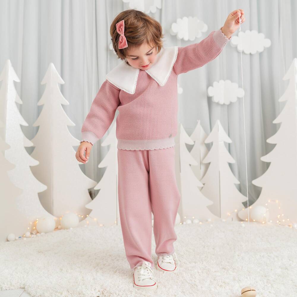 Artesanía Granlei-Girls Pink Knit Trouser Set with White Woven Collar | Childrensalon