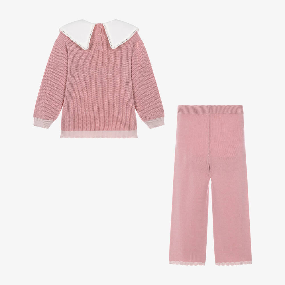 Artesanía Granlei-Girls Pink Knit Trouser Set with White Woven Collar | Childrensalon