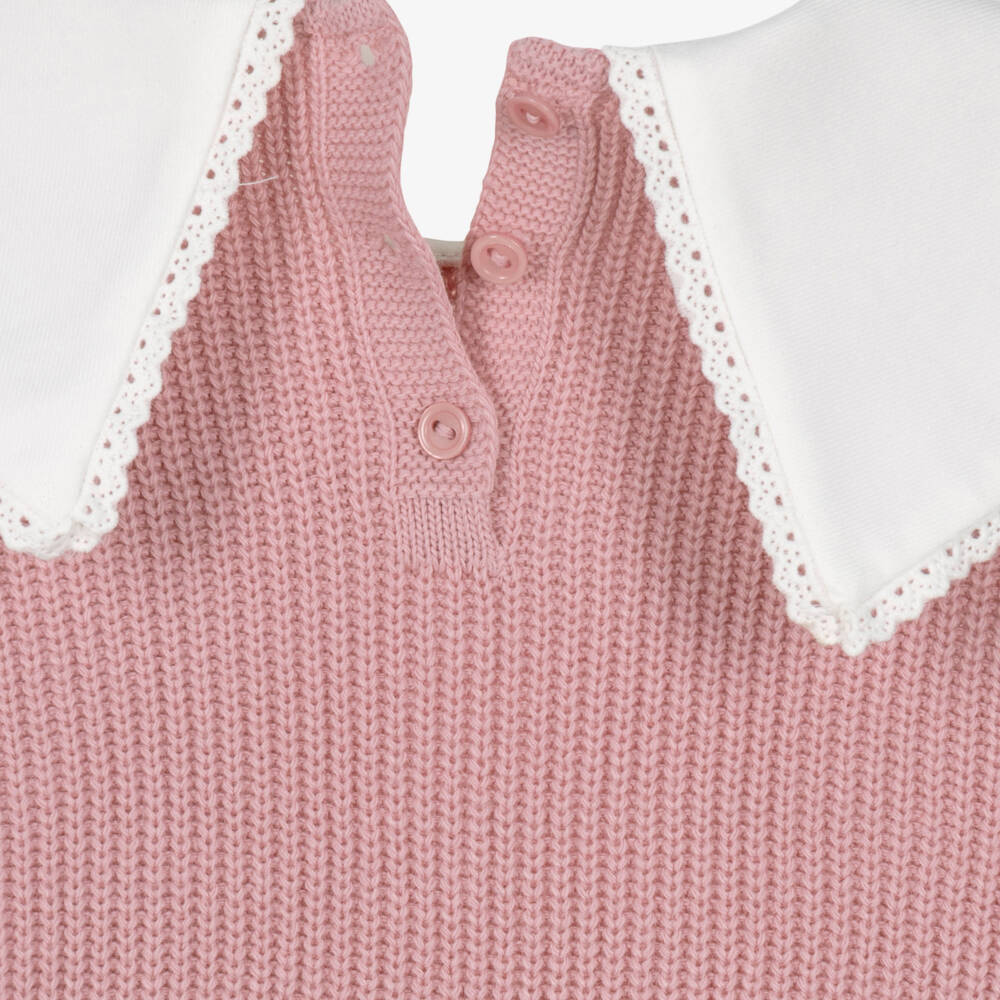 Artesanía Granlei-Girls Pink Knit Trouser Set with White Woven Collar | Childrensalon