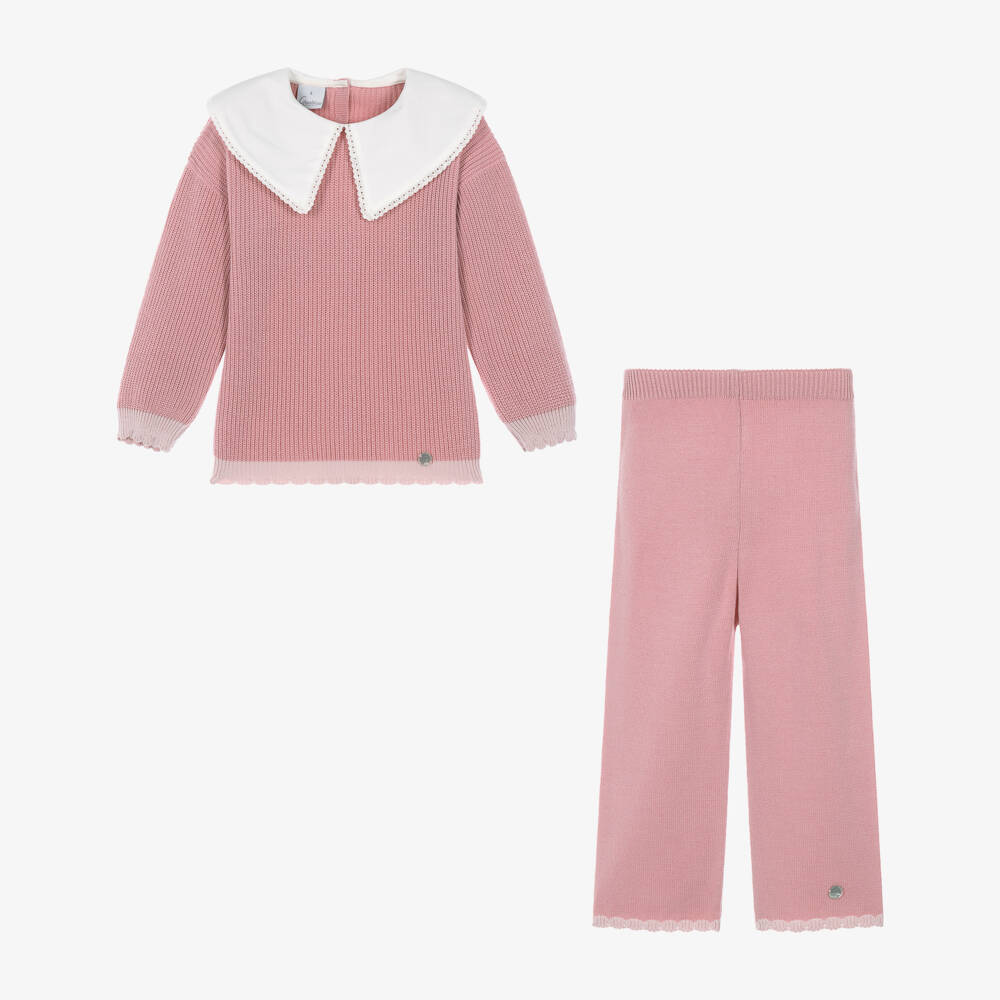 Artesanía Granlei-Girls Pink Knit Trouser Set with White Woven Collar | Childrensalon