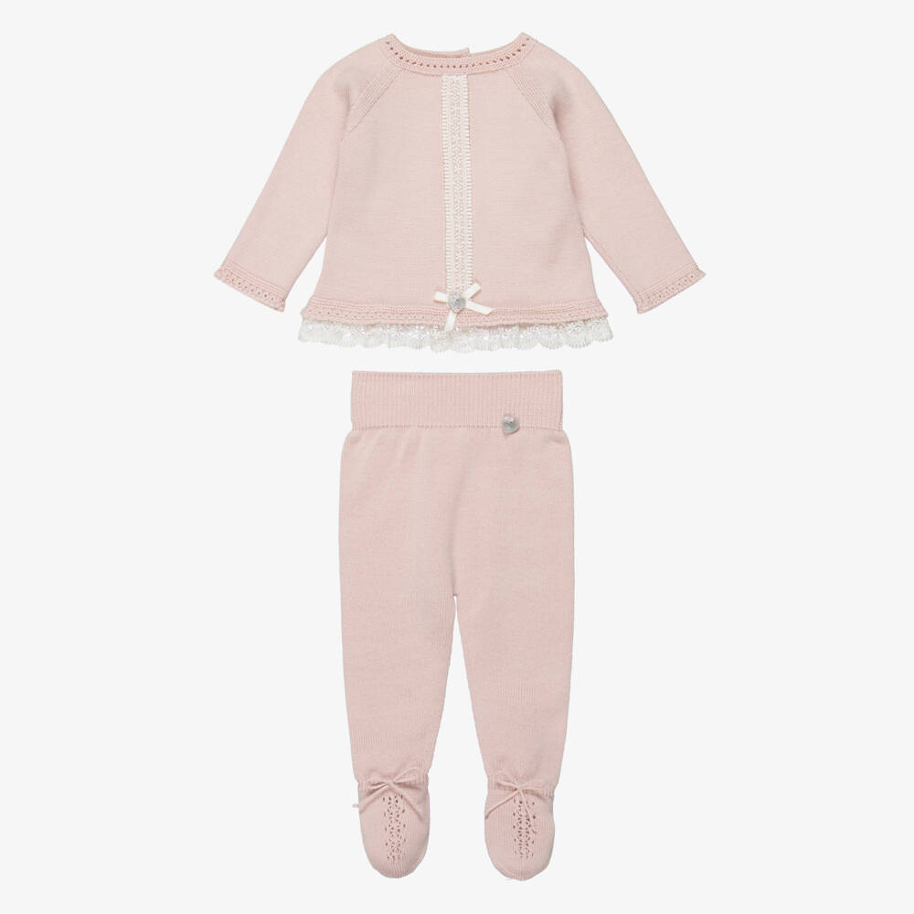 Artesanía Granlei-Girls Pink Knitted 2 Piece Babygrow Set with Lace Trims | Childrensalon