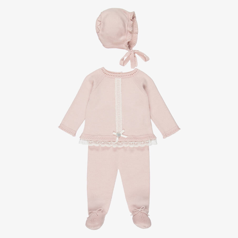 Artesanía Granlei-Girls Pink Knitted 2 Piece Babygrow Set with Lace Trims | Childrensalon