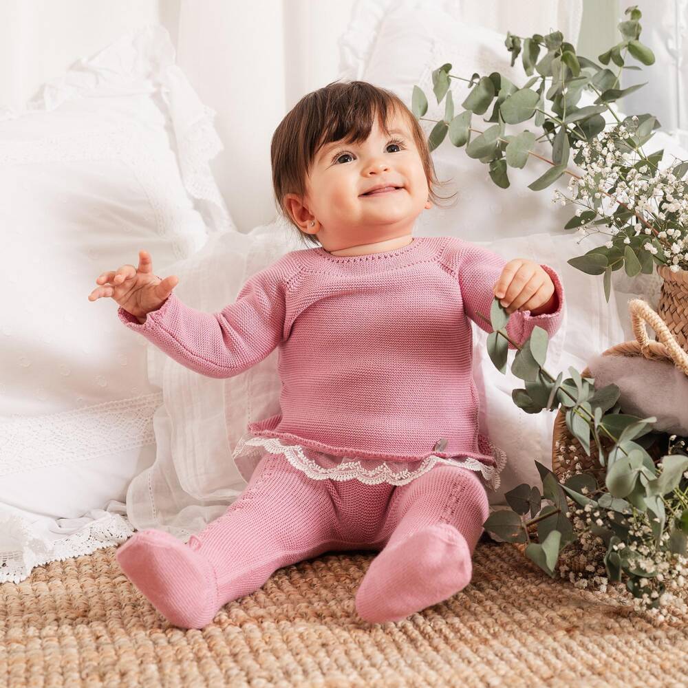 Artesanía Granlei-Комбинезон из двух частей розовый вязаный с кружевной отделкой | Childrensalon