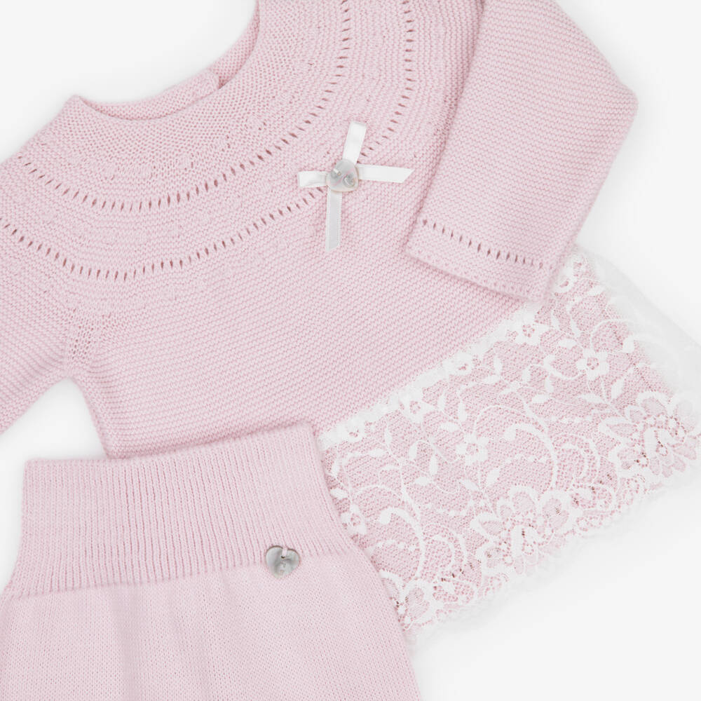 Artesanía Granlei-Girls Pink Knitted Babysuit Set with Lace Trim | Childrensalon