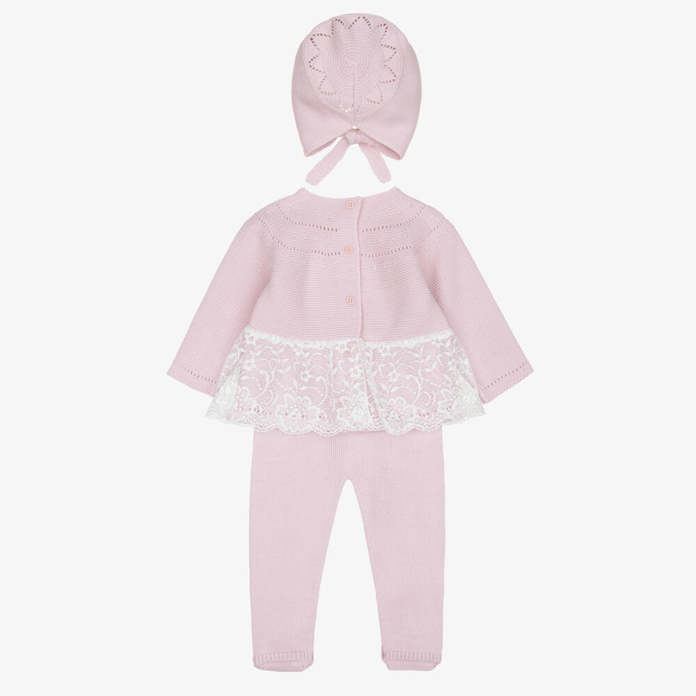 Artesanía Granlei-Girls Pink Knitted Babysuit Set with Lace Trim | Childrensalon