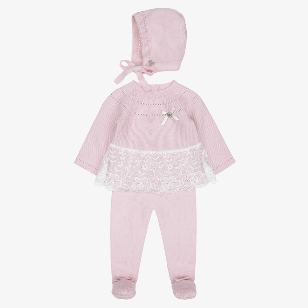 Artesanía Granlei-Girls Pink Knitted Babysuit Set with Lace Trim | Childrensalon