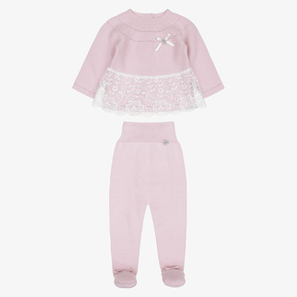 Artesanía Granlei-Girls Pink Knitted Babysuit Set with Lace Trim | Childrensalon