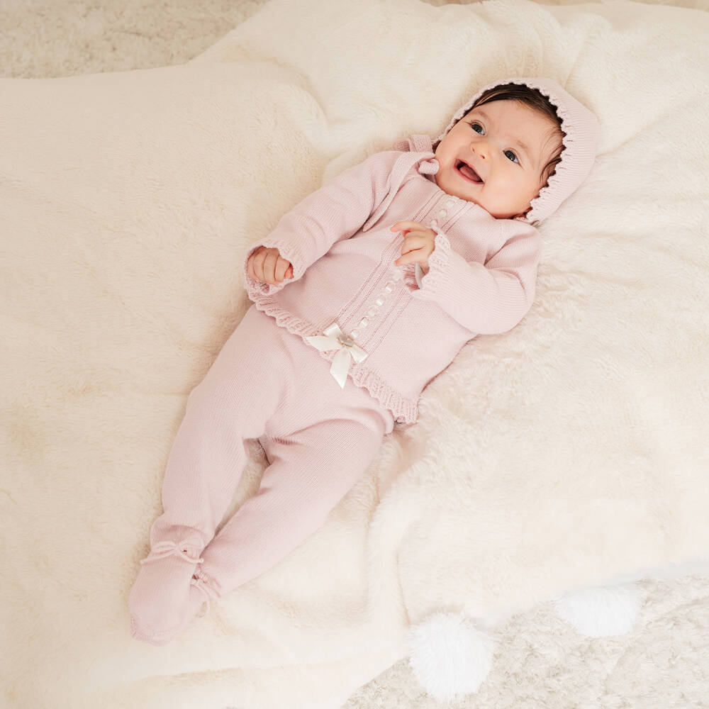 Artesanía Granlei-طقم أفارول محبوك لون زهري للبنات الرضع | Childrensalon