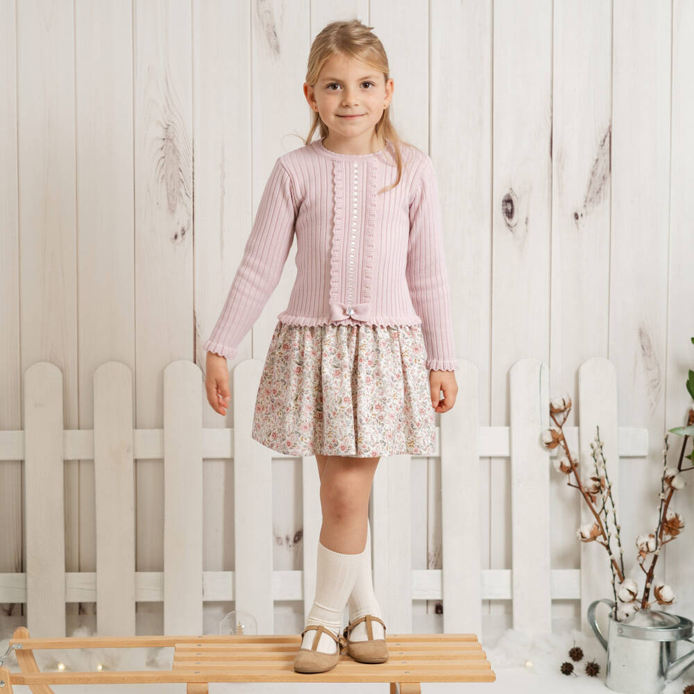 Artesanía Granlei-Платье розовое из трикотажного хлопка в цветочек | Childrensalon