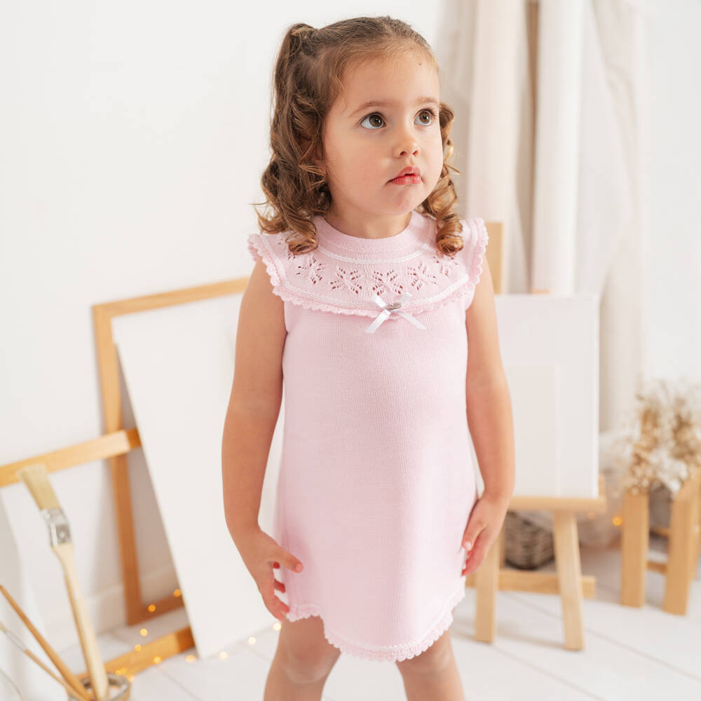 Artesanía Granlei-Платье розовое трикотажное с кружевным воротником для девочек | Childrensalon