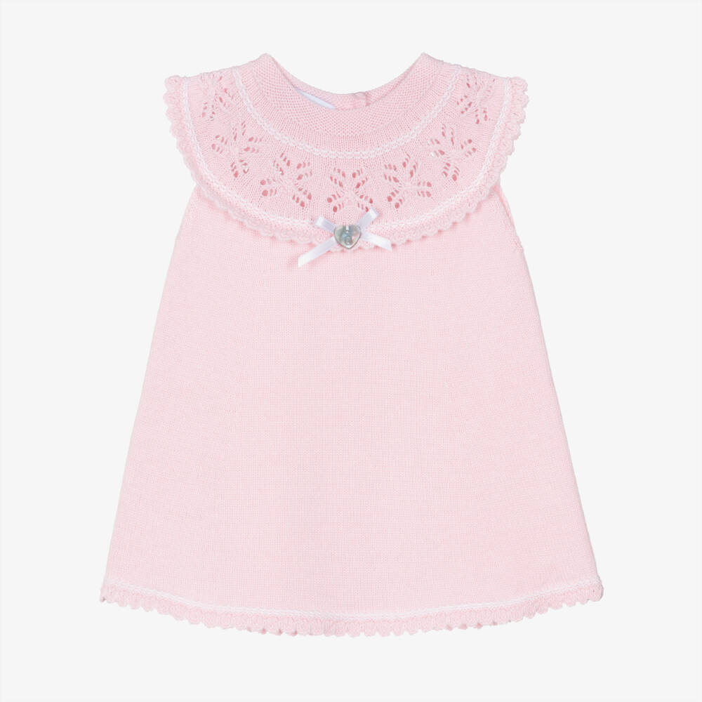 Artesanía Granlei-Girls Pink Knitted Dress with Lacy Collar | Childrensalon