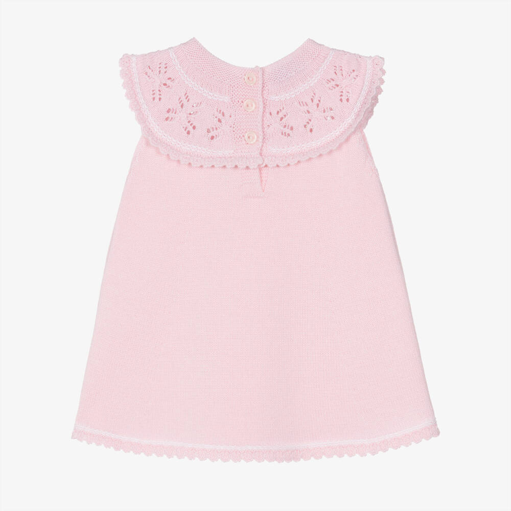 Artesanía Granlei-Girls Pink Knitted Dress with Lacy Collar | Childrensalon