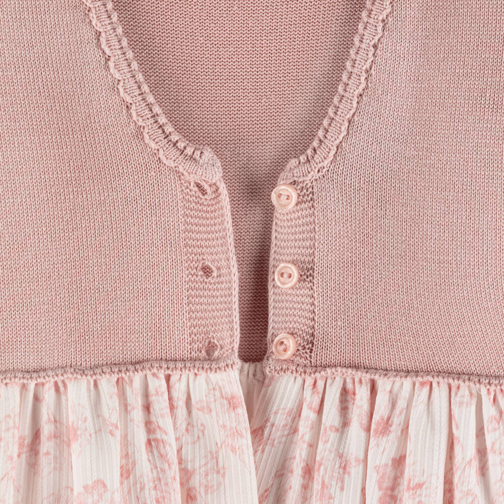 Artesanía Granlei-Girls Pink Knitted & Floral Patterned Dress | Childrensalon
