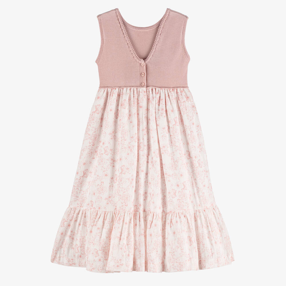 Artesanía Granlei-Girls Pink Knitted & Floral Patterned Dress | Childrensalon