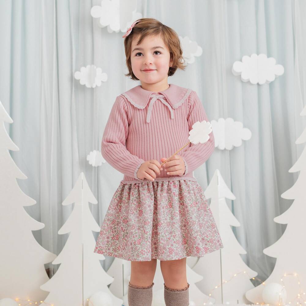 Artesanía Granlei-Girls Pink Knitted & Floral Print Collared Dress | Childrensalon