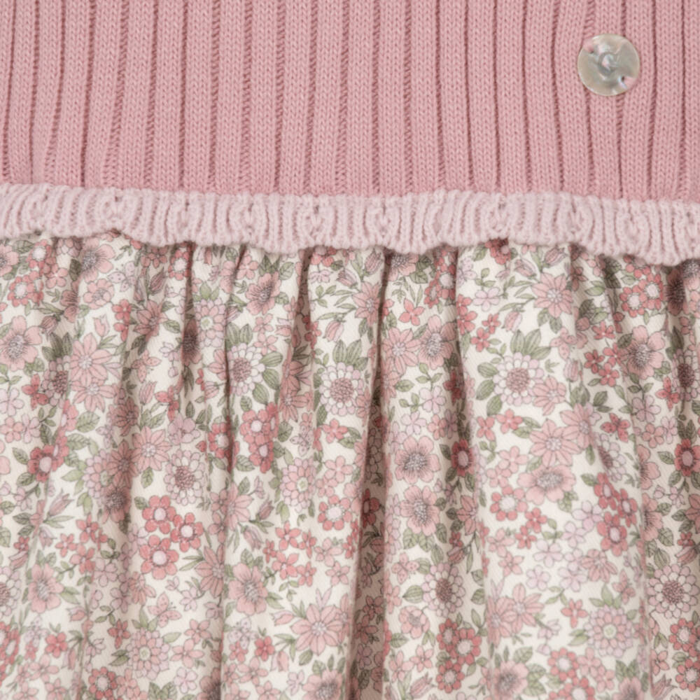 Artesanía Granlei-Girls Pink Knitted & Floral Print Collared Dress | Childrensalon
