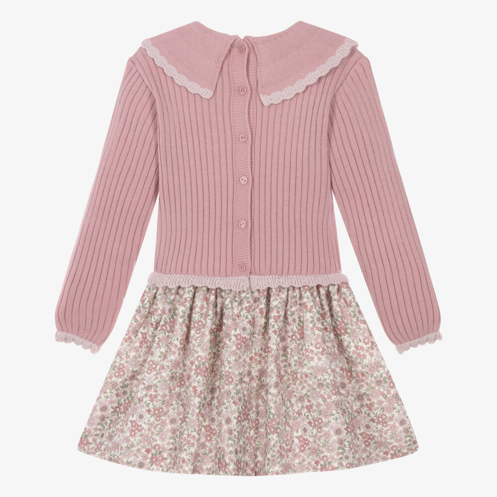 Artesanía Granlei-Girls Pink Knitted & Floral Print Collared Dress | Childrensalon