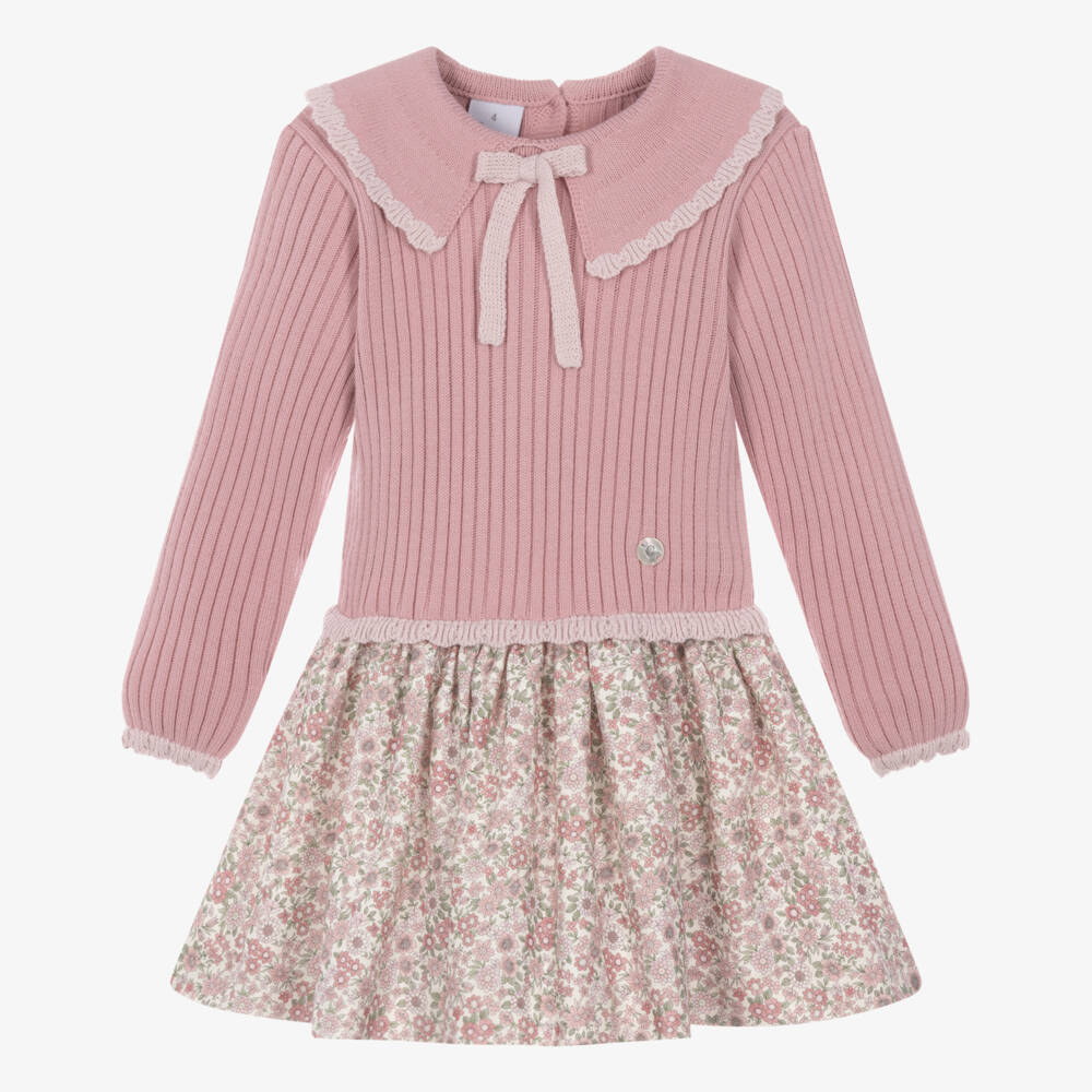 Artesanía Granlei-Girls Pink Knitted & Floral Print Collared Dress | Childrensalon