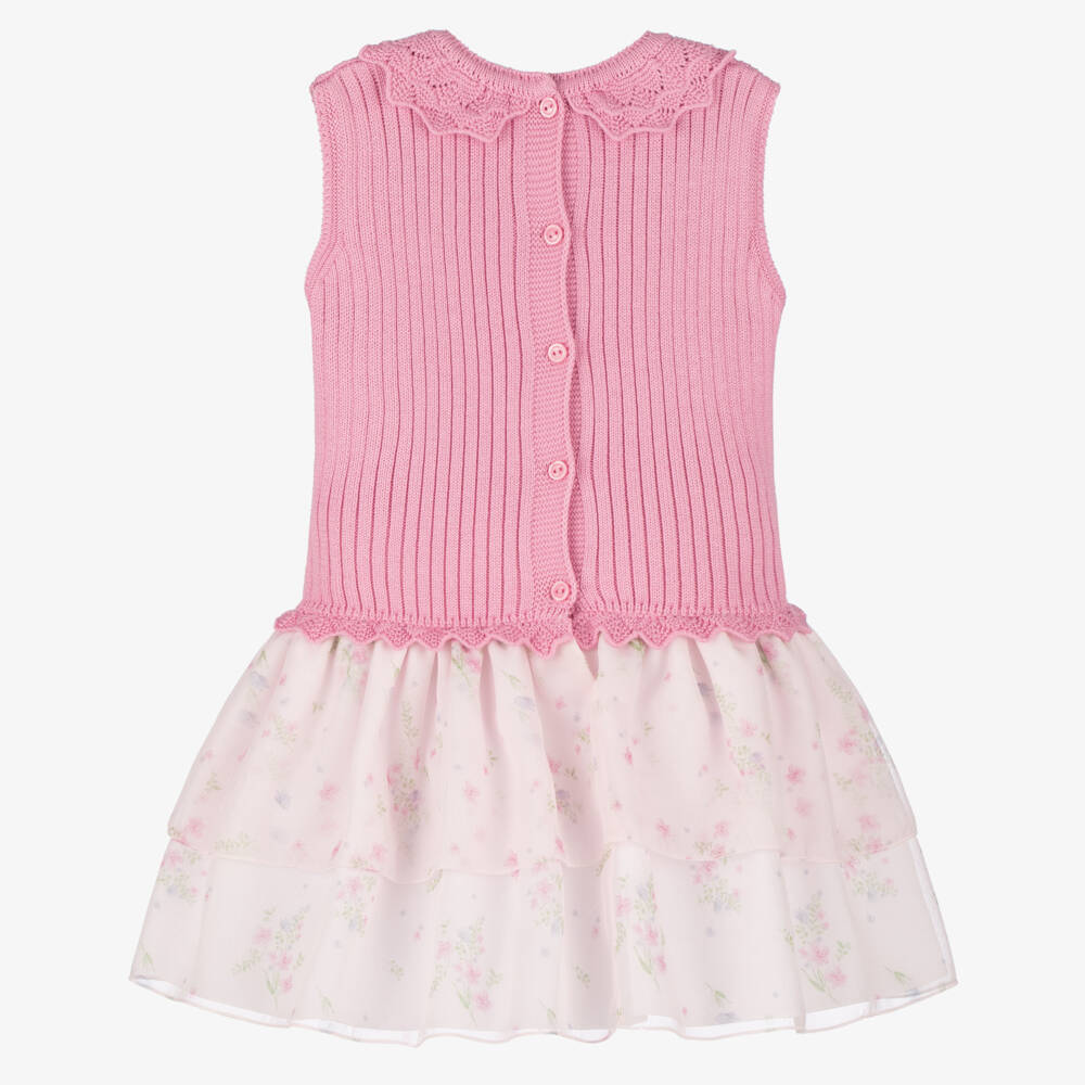 Artesanía Granlei-Girls Pink Knitted & Floral Print Dress | Childrensalon