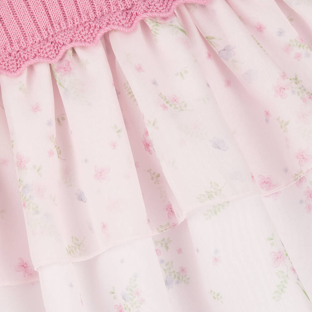 Artesanía Granlei-Girls Pink Knitted & Floral Print Dress | Childrensalon