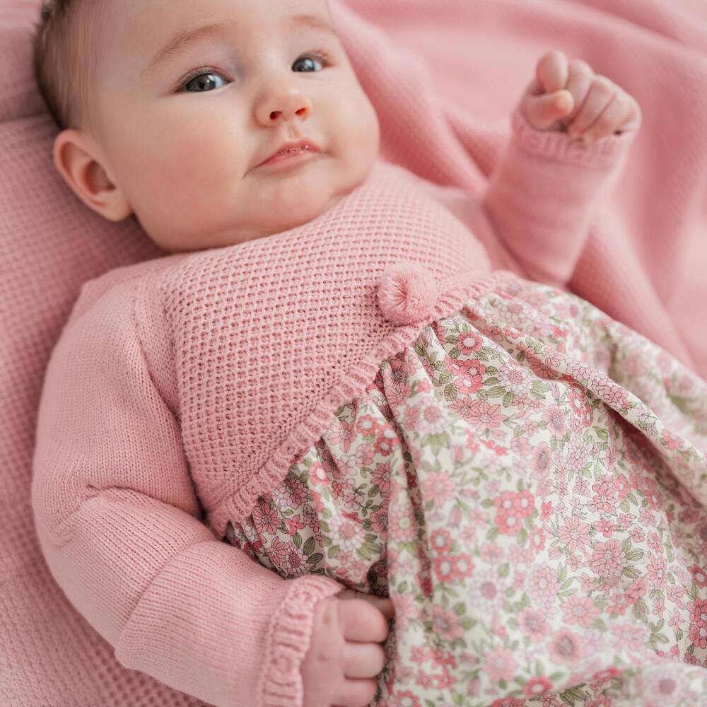 Artesanía Granlei-Girls Pink Knitted & Floral Print Dress | Childrensalon
