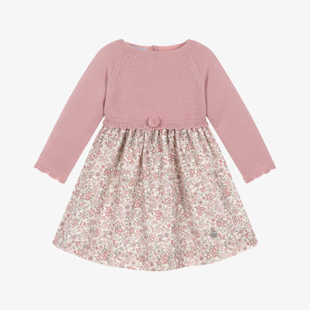 Artesanía Granlei-Girls Pink Knitted & Floral Print Dress | Childrensalon